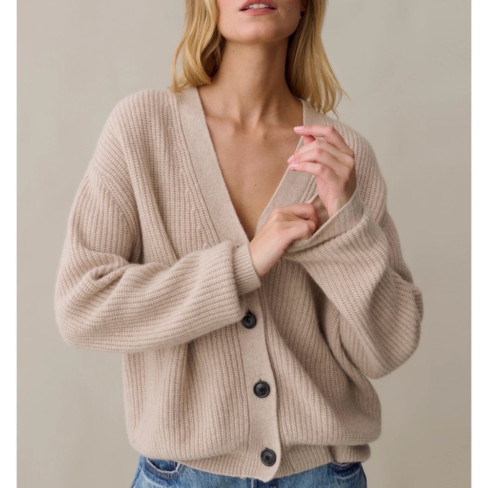 Beige Rib-Knit Button Front Cardigan Sweater